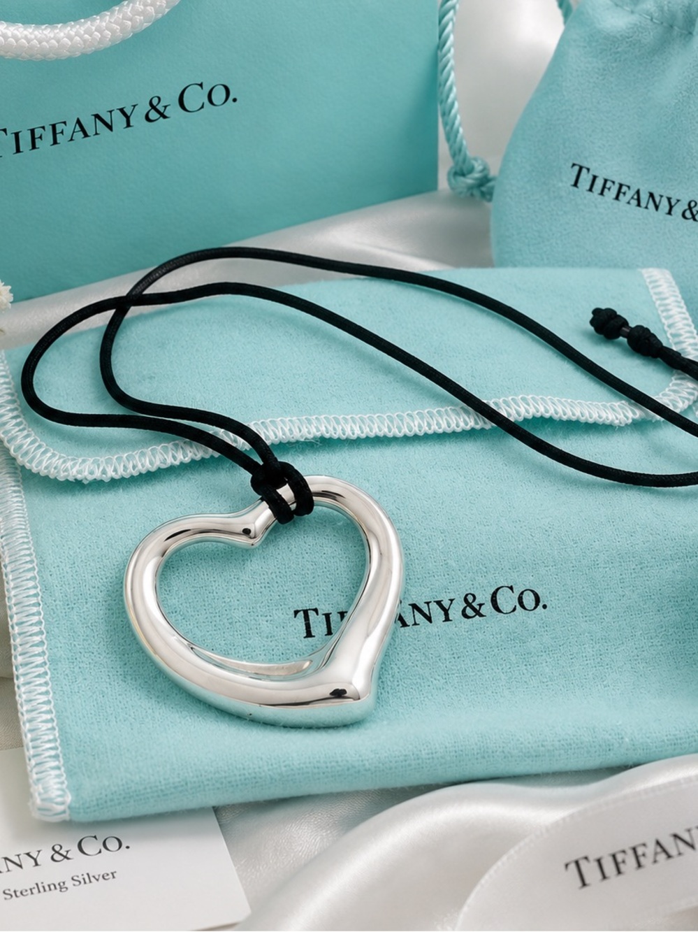 Tiffany Open Heart Pendant Necklace Medium 16” Silk Cord Retired